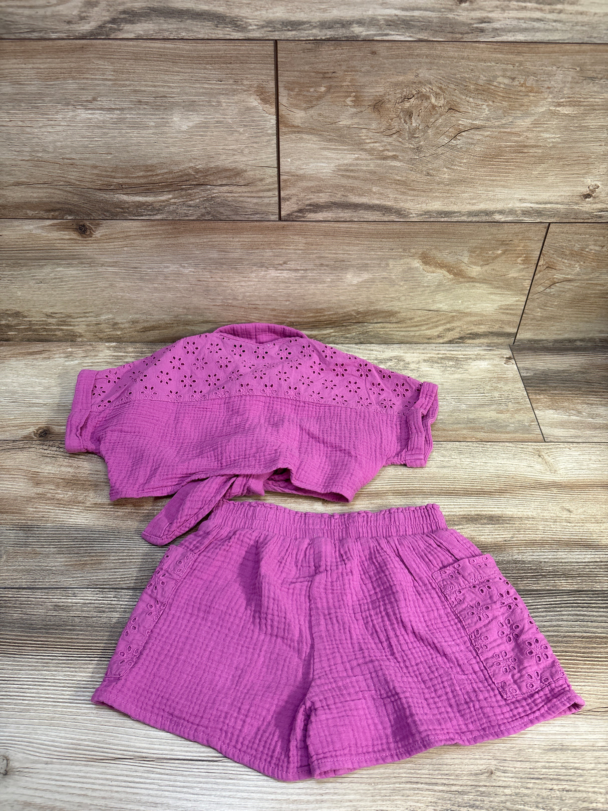 Mayoral 2pc Gauze Eyelet Cropped Blouse & Shorts Set Pink sz 5T
