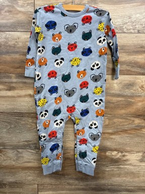 Gray long-sleeve baby romper with colorful animal faces pattern on wooden background