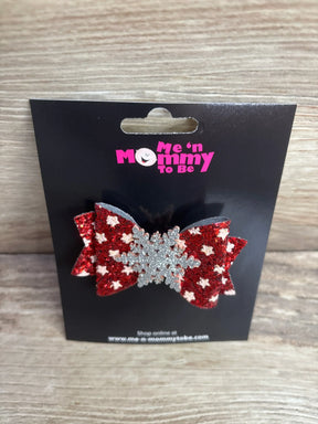Red glitter bow with silver snowflake, kids holiday hair accessory on black card