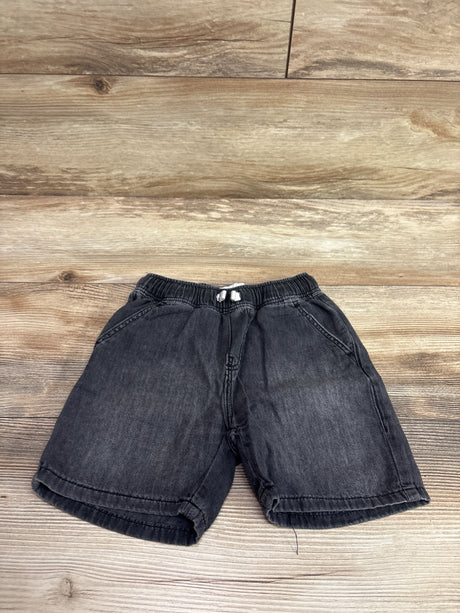 Front view of Zara drawstring denim shorts in grey, size 5T, showcasing elastic waist and side pockets on a wood floor