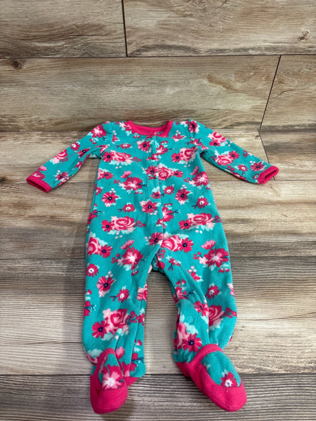 Front view of Just One You blanket sleeper showcasing teal fabric, pink floral print, long sleeves, covered feet, and front snaps