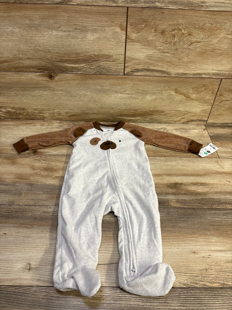 Front view of Carter’s dog blanket sleeper showing grey body, brown sleeves, footed legs, center zipper, and dog-face applique on wood floor