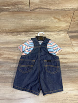 Flat lay back view of Lee newborn denim shortall with light blue and orange striped shirt showing back pockets and contrast stitching on wood floor