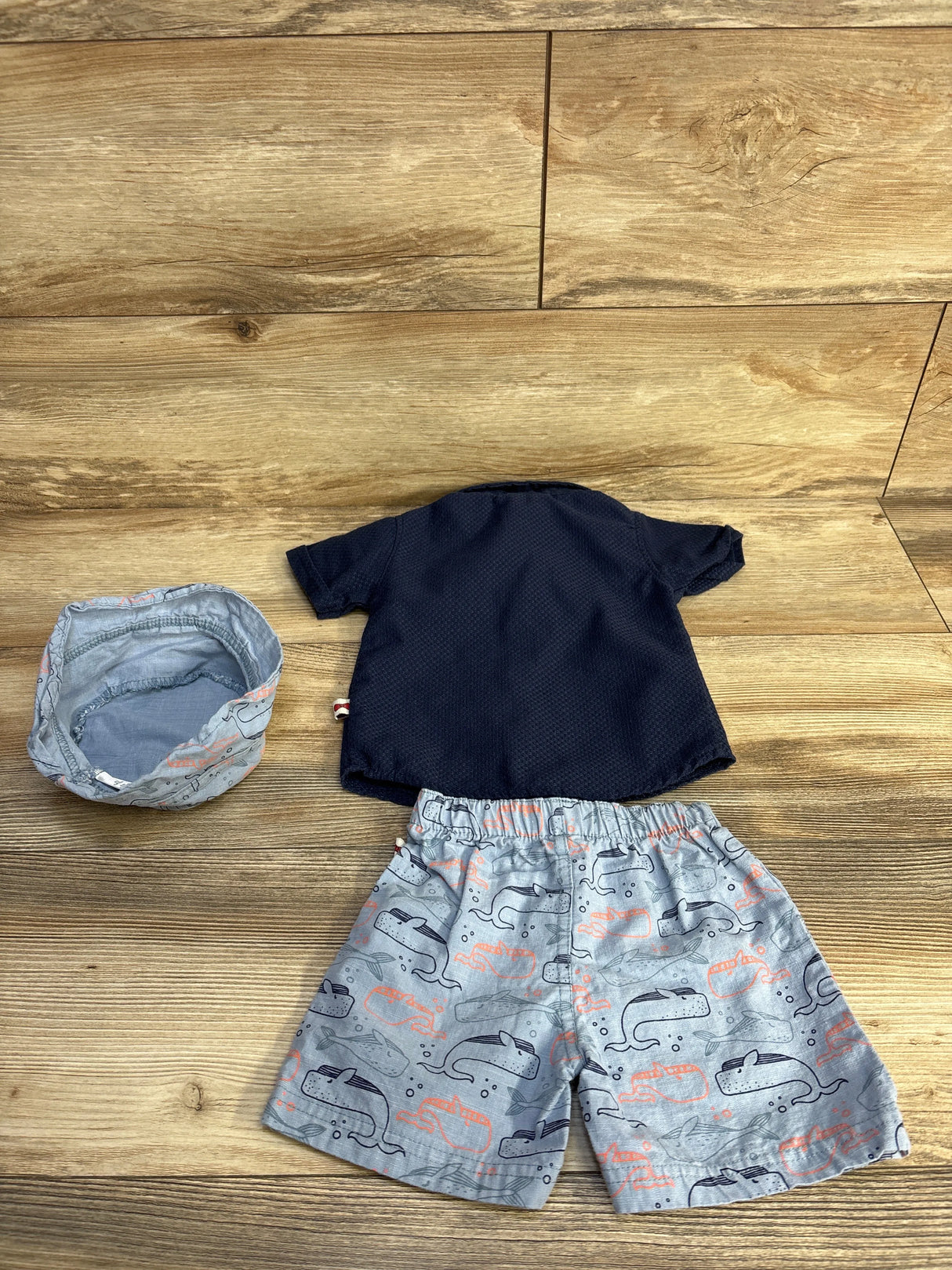Dapper Dude 3pc Button-Up Shirt + Shorts + Hat Navy sz 12m