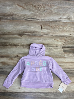 Lavender kids hoodie with 'APRÈS SKI' text, size 6, displayed on wooden floor