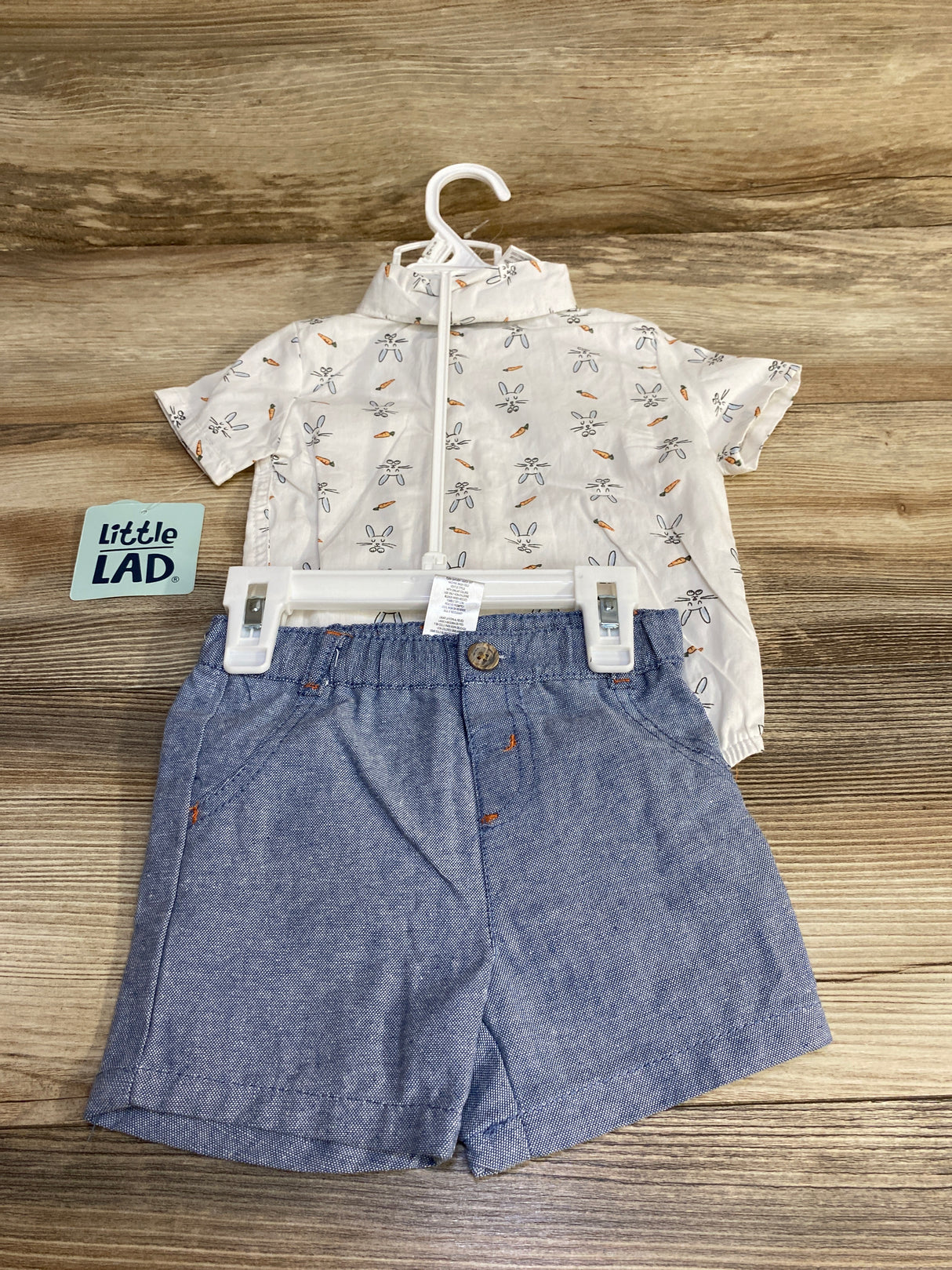 NEW Little Lad 3pc Bunny Print Button Up Bodysuit & Shorts Set White sz 6-9m