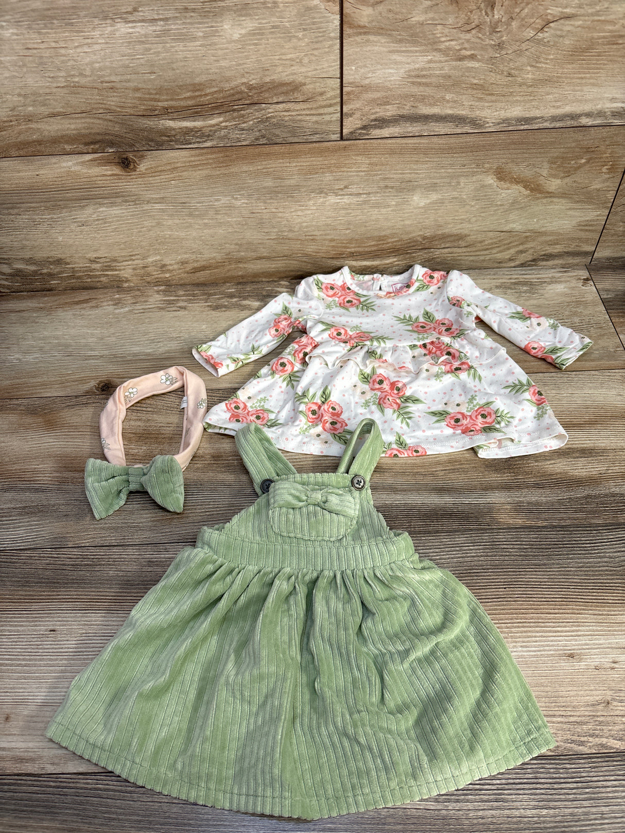 Just Lizzy 3pc Ribbed Overall Dress & Floral Shirt White sz 3m