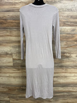 Back view of grey ribbed long-sleeve maternity dress size M on a mannequin against wood background