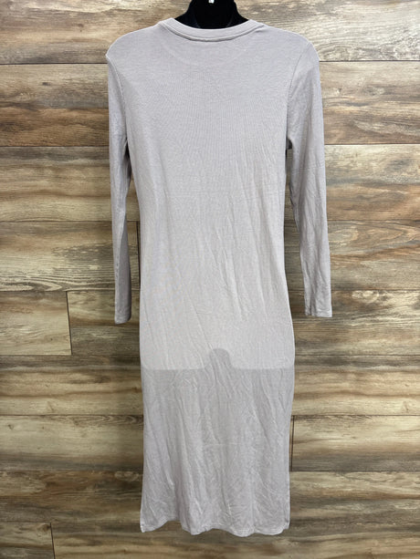 Back view of grey ribbed long-sleeve maternity dress size M on a mannequin against wood background