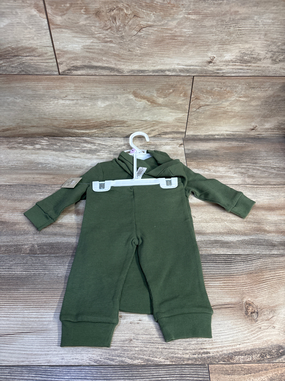 NEW Little Me 2pc Waffle Knit Hooded Henley Bodysuit & Pants Set Green sz 9m