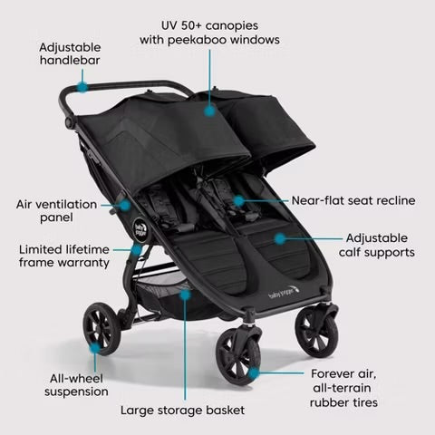NEW Baby Jogger City Mini GT2 Double Stroller - Jet Black