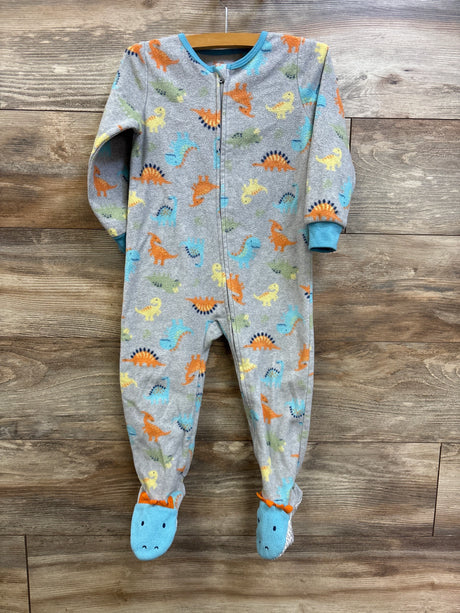 Front view of Absorba grey dino sleeper size 3T with zipper, colorful dinosaur print, and blue built-in feet on wood floor