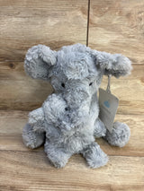 Front view of Cloud Island grey elephant plush holding a mini elephant, showing soft fur and black eyes on wood background