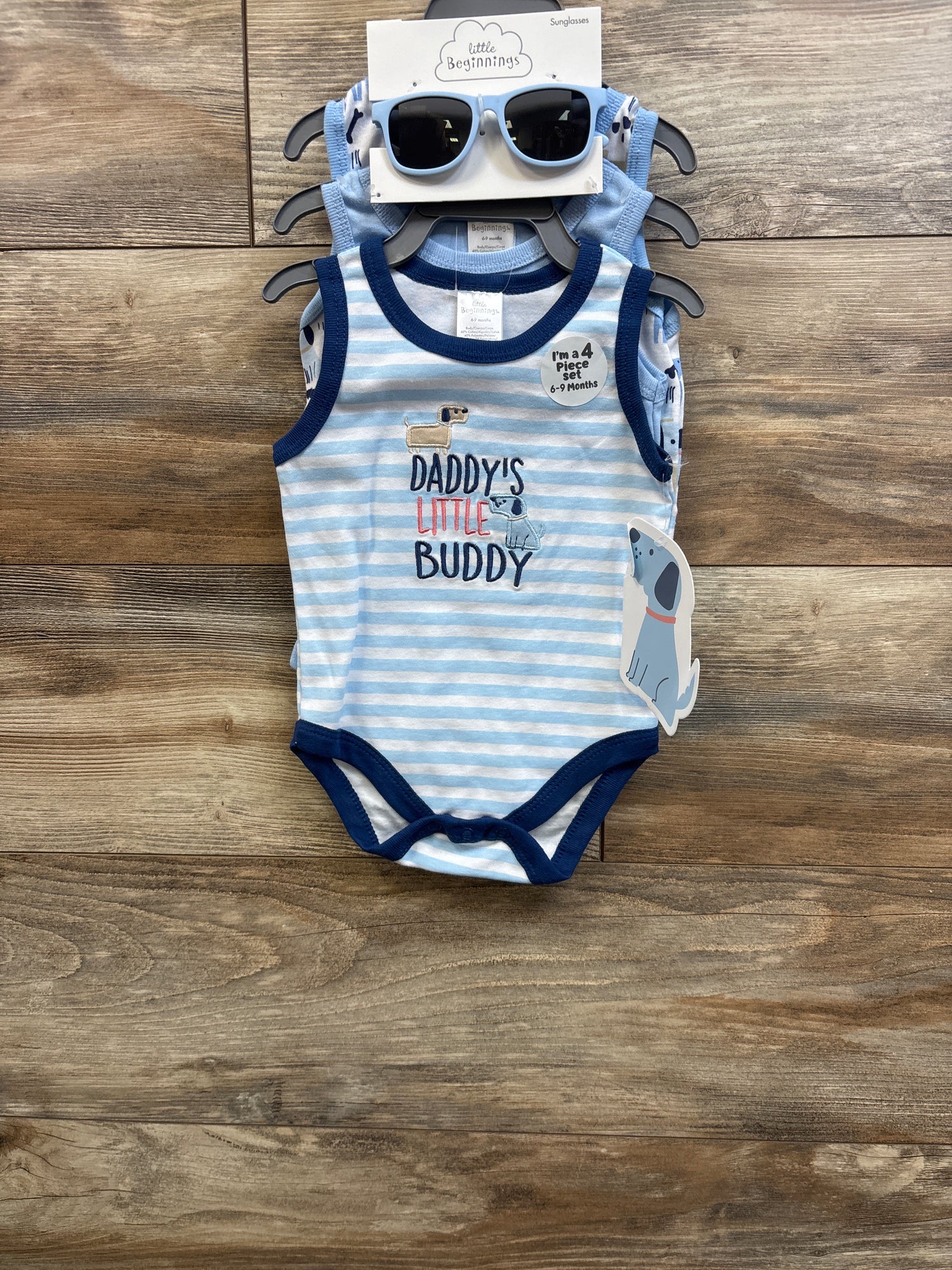 NEW Little Beginnings 4pc Tank Bodysuit Set w/ Sunglasses Blue sz 6/9m
