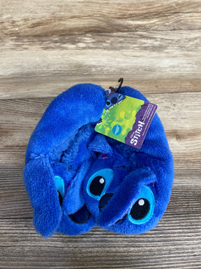 Blue Stitch plush slippers with tag on wood background, Disney Lilo & Stitch merchandise