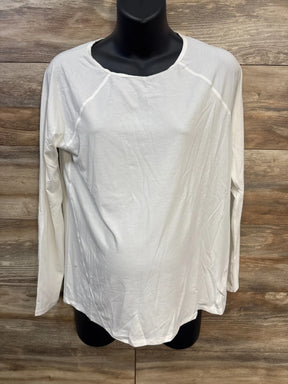Front view of Gap Maternity Breathe white long-sleeve shirt with crew neck and maternity fit on black mannequin