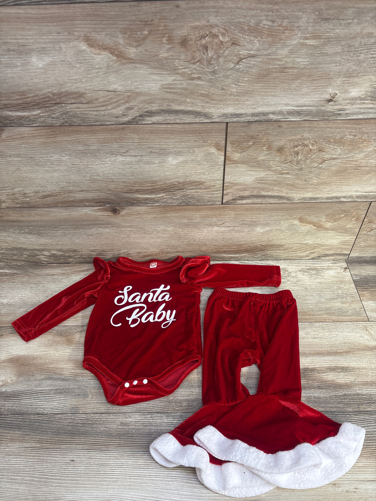 2pc Velvet Santa Baby Bodysuit & Bell Bottoms Red sz 12-18m