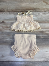 TUSFTAY 2pc Smocked Eyelet Pom-Pom Tank Top & Shorts Set Tan sz 12-18m