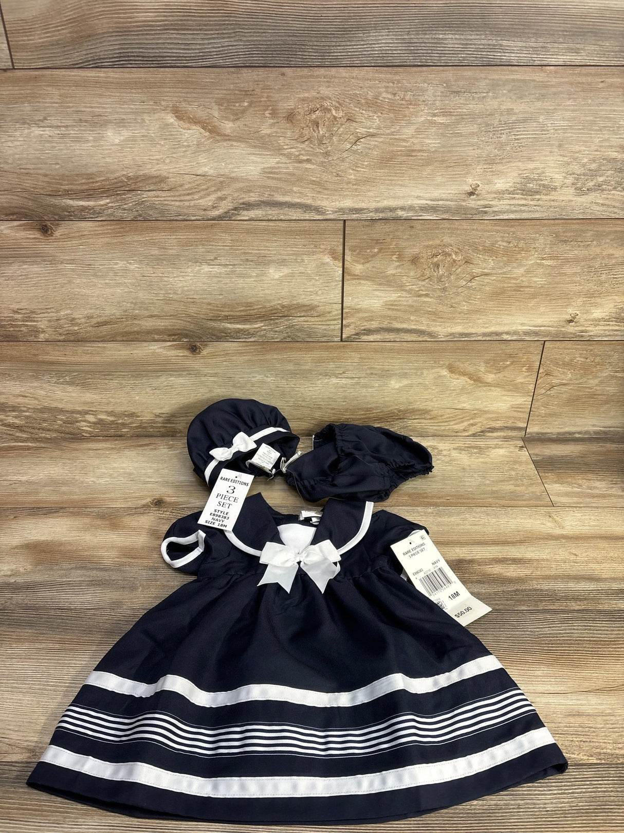 NEW Rare Editions 3pc Collared Nautical Dress, Cap, & Bloomers Set Navy sz 18m