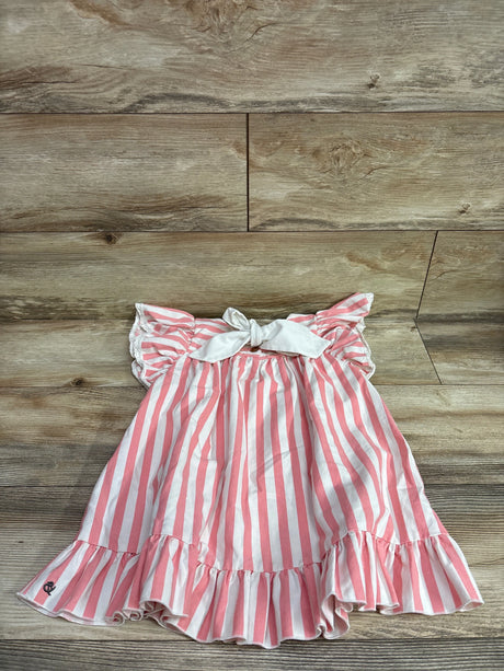 Front view of Wren & James pink and white striped dress, size 3T, showcasing a bow neckline and ruffled hem on a wood floor