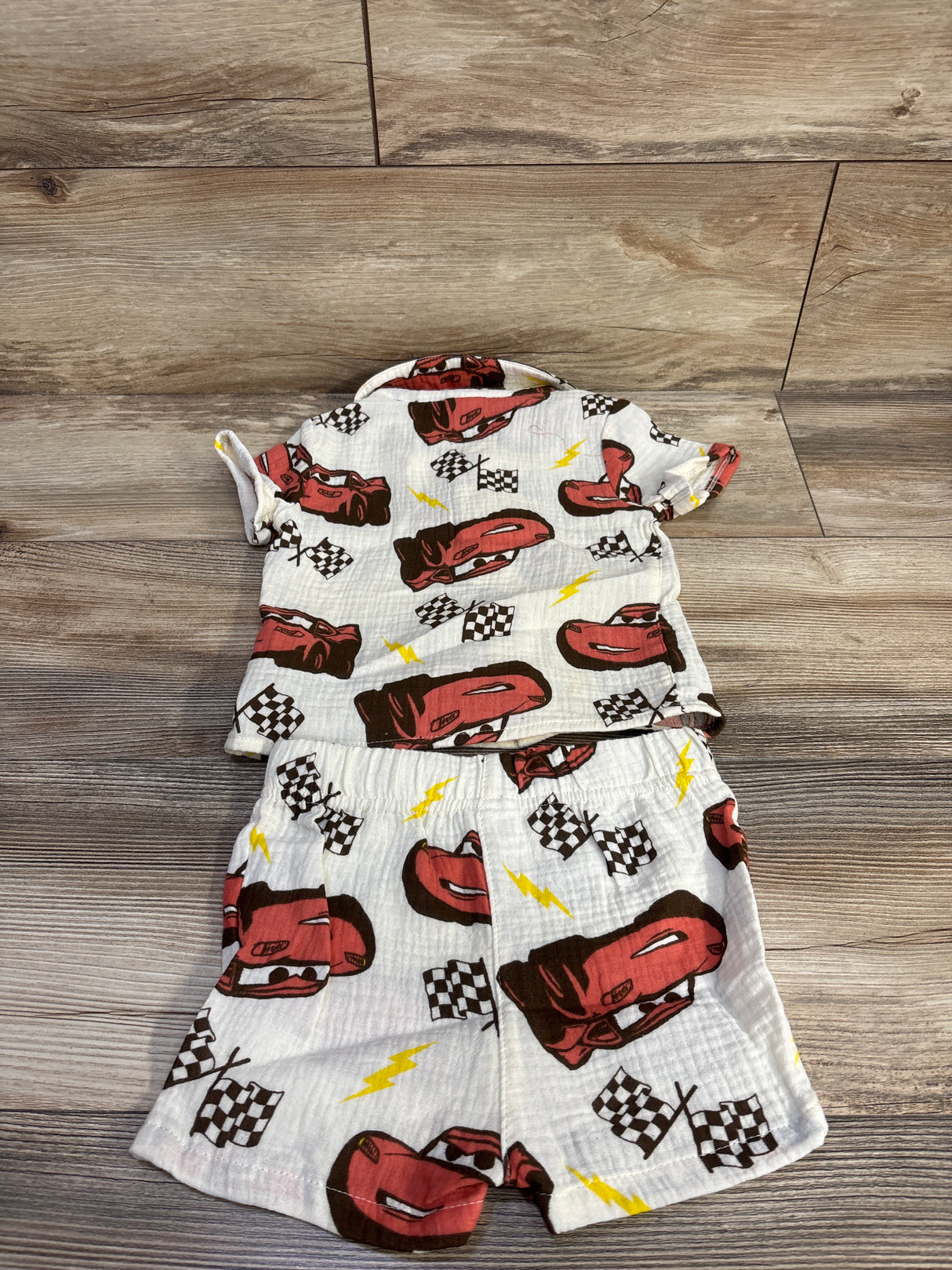 Disney Pixar Cars 2pc Gauze Button-Up Shirt & Shorts Set Cream sz 12m