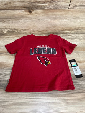 Flat front of red Arizona Cardinals T-shirt size 3T showing Born to Be a Legend text and Cardinals logo on wood background