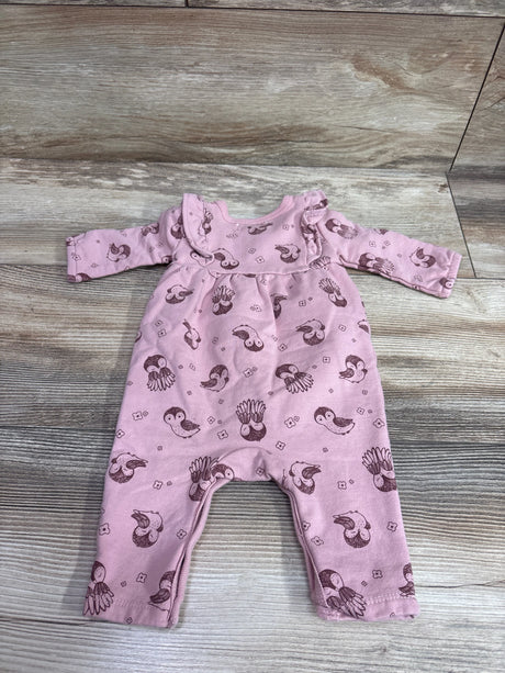 Pink Rabbit + Bear organic owl print baby coverall size 0-3m on a wooden surface