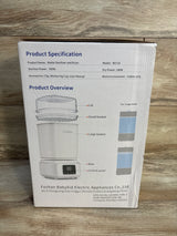 Box of baby bottle sterilizer and dryer with product specifications and diagram on wood background.