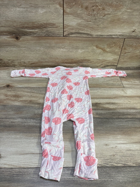 Front view of Georgie’s Corner bamboo convertible sleeper in pink, size 6 to 12 months, with hibiscus and monstera print
