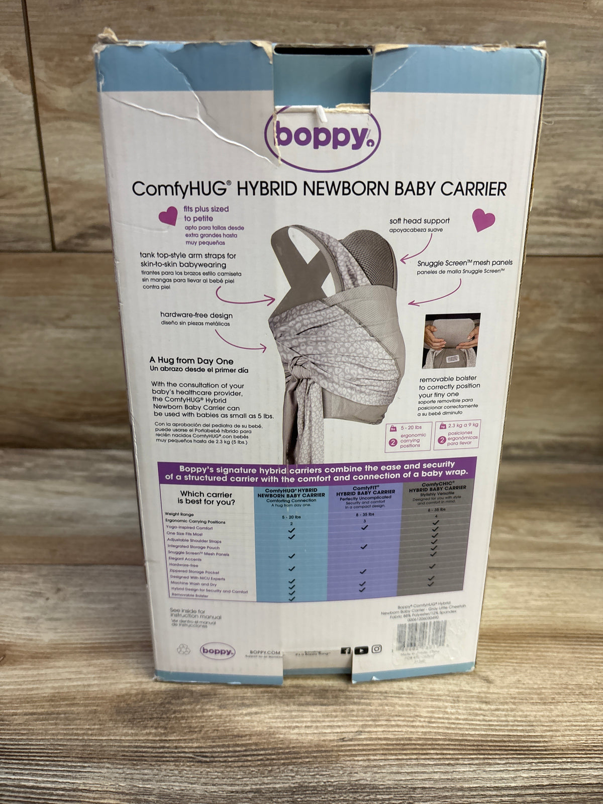 Boppy ComfyHUG Hybrid Newborn Baby Carrier in Gray Little Cheetah 5-20lbs