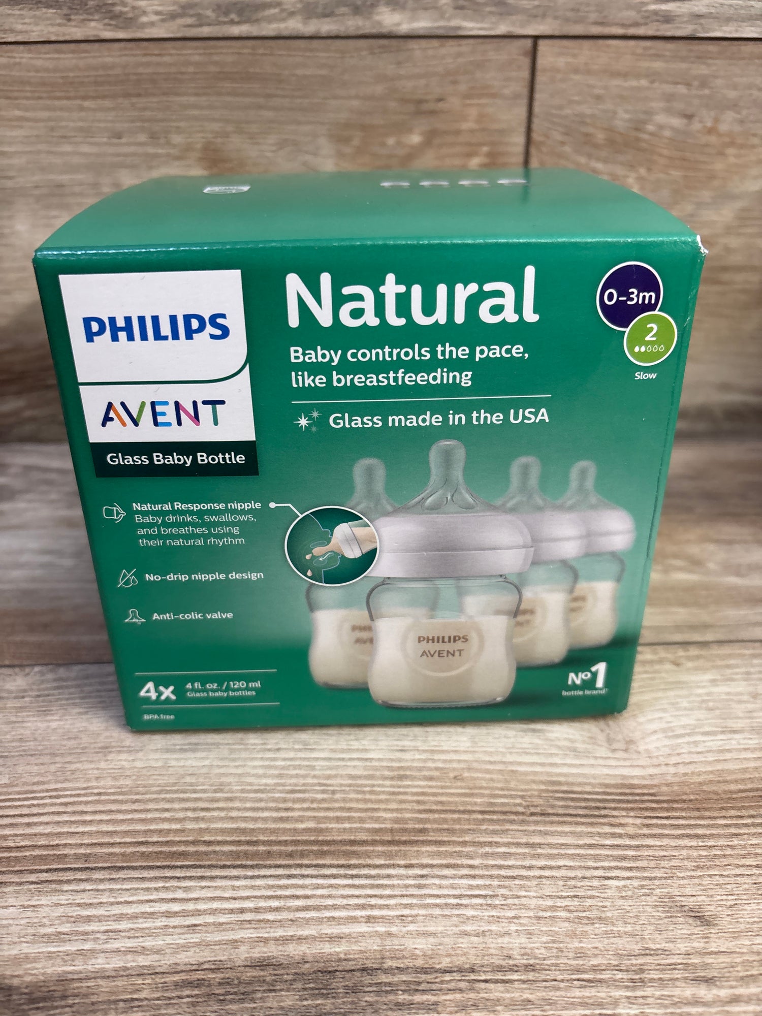 NEW Philips Avent Natural Glass Baby Bottles Slow Flow 4oz 4pk