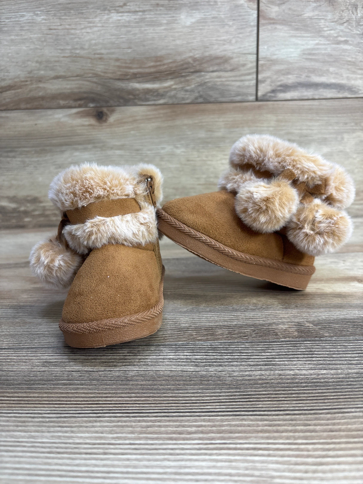 First Steps by Stepping Stones Pom Pom Faux Fur Boots, Brown sz 4c