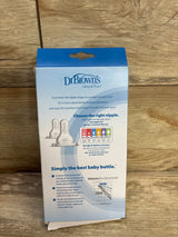 Back of Dr Browns Anti-Colic Narrow Bottles 8oz 2pk box showcasing natural flow nipple info on blue packaging on wood plank floor