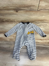 Gray striped baby onesie with yellow bulldozer design, perfect for toddler sleepwear or playtime.
