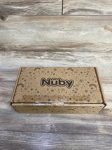 Front view of new Nuby Clik-It Grip N Sip sippy cups 3pk in sealed kraft brown box with star and moon print on wood plank floor