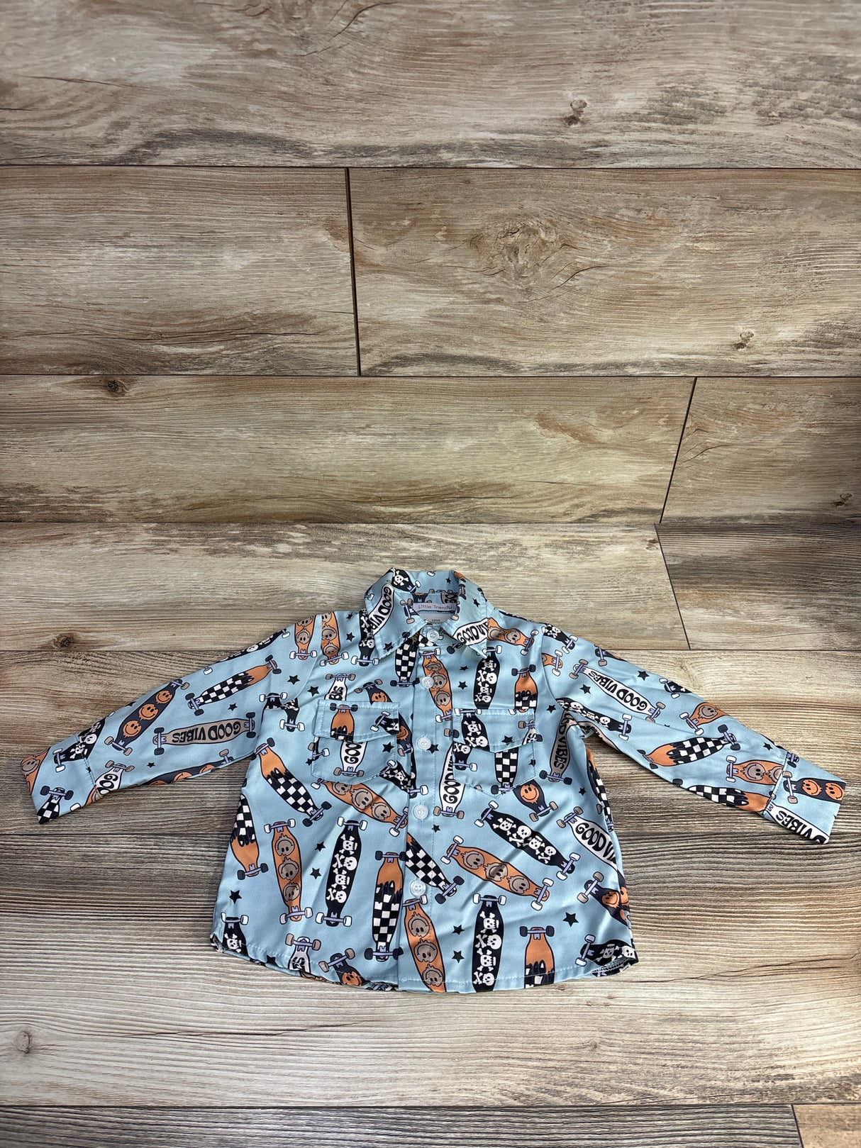 Little Trendy Satin Long Sleeve Button-Up Shirt Blue sz 18m