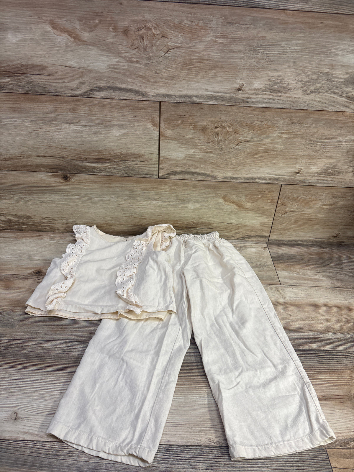 Btween 2pc Linen-Blend Eyelet Top & Pants Set Cream sz 5T