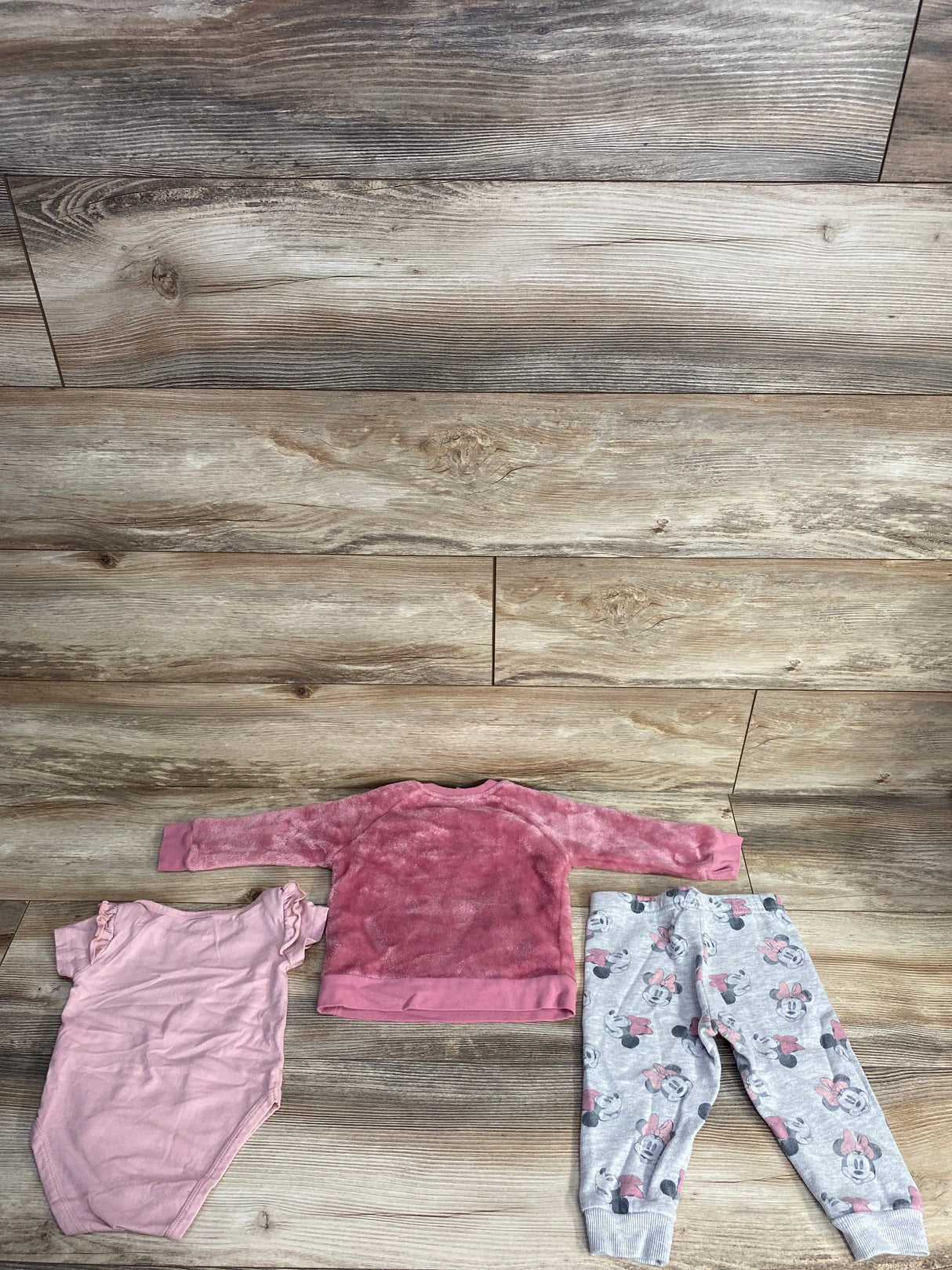 Disney Baby 3pc Plush Minnie Mouse Sweatshirt & Bodysuit Set Pink sz 18m