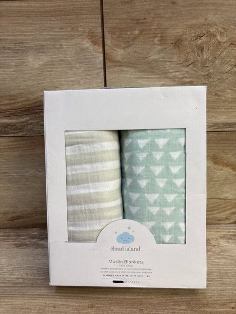 Front of Cloud Island 2-pack muslin swaddles with beige stripe and mint triangle-print in white box on wood