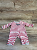Front view of red-and-white striped Albetta romper with grey crochet rhino applique and snap legs on wood background