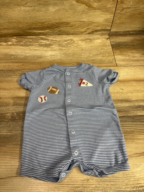 Child Of Mine blue and white striped baby romper with sports appliques