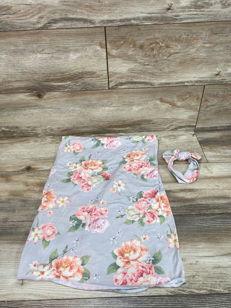 Toby 2Pc Wrap & Headband Set Floral Print Grey Sz NB