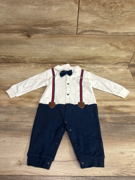 Front view of PatPat Gentleman Suit Coverall showcasing white shirt, navy pants, bow tie, and striped suspenders