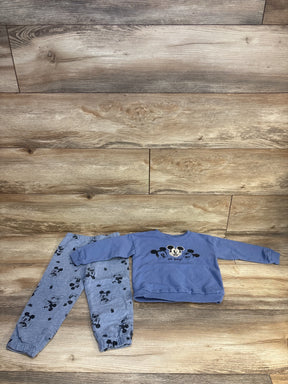 Blue toddler Mickey Mouse sweatshirt and printed pants set on wooden floor