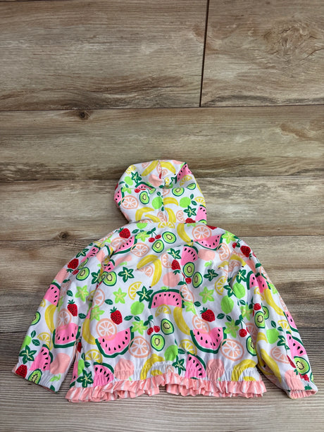 White Me n Mommy To Be waterproof jacket for toddlers with a colorful fruit print and ruffled hem
