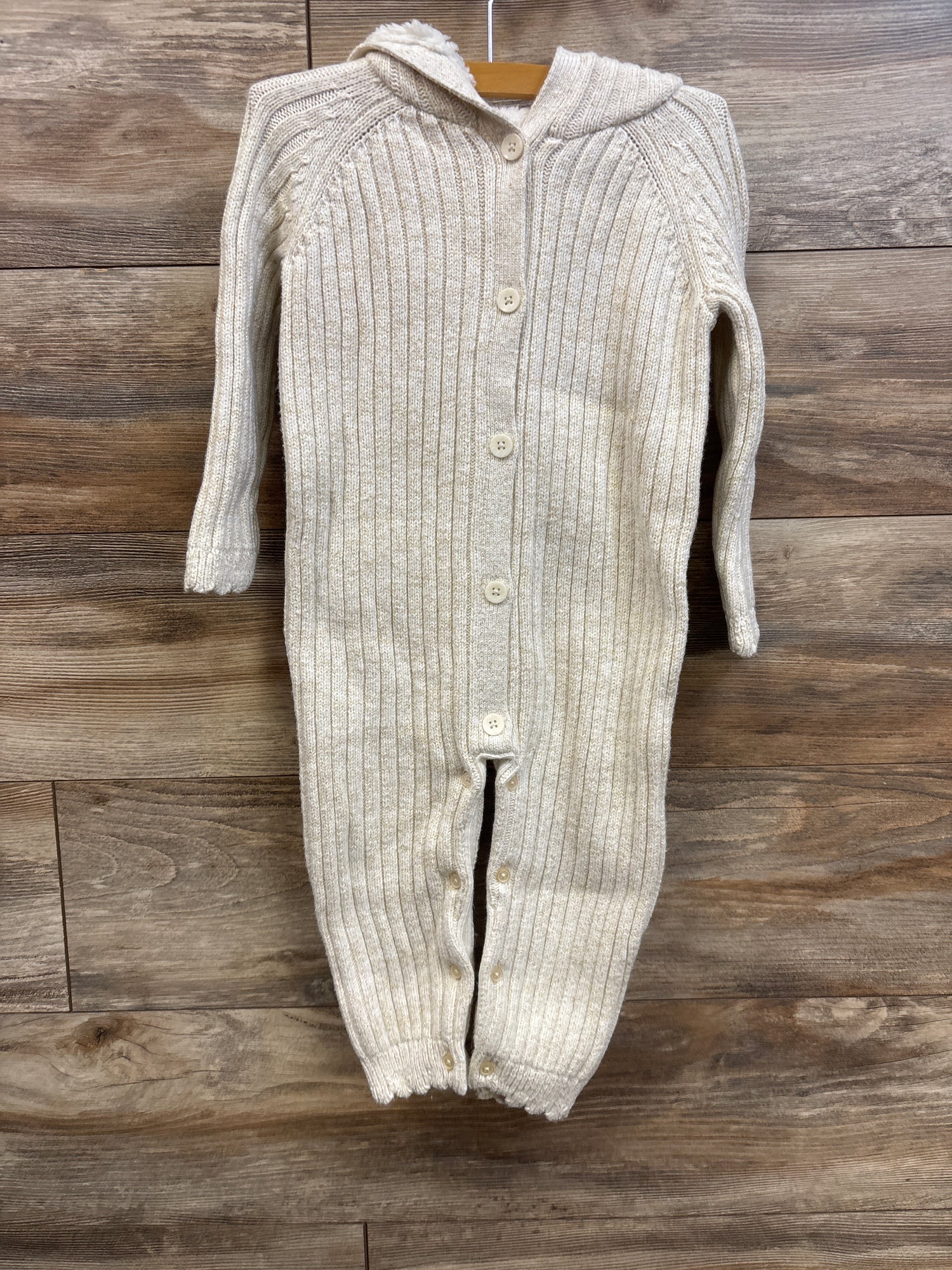 Oshkosh Ribbed Knit Hooded Button-Up Coverall Beige sz 24m