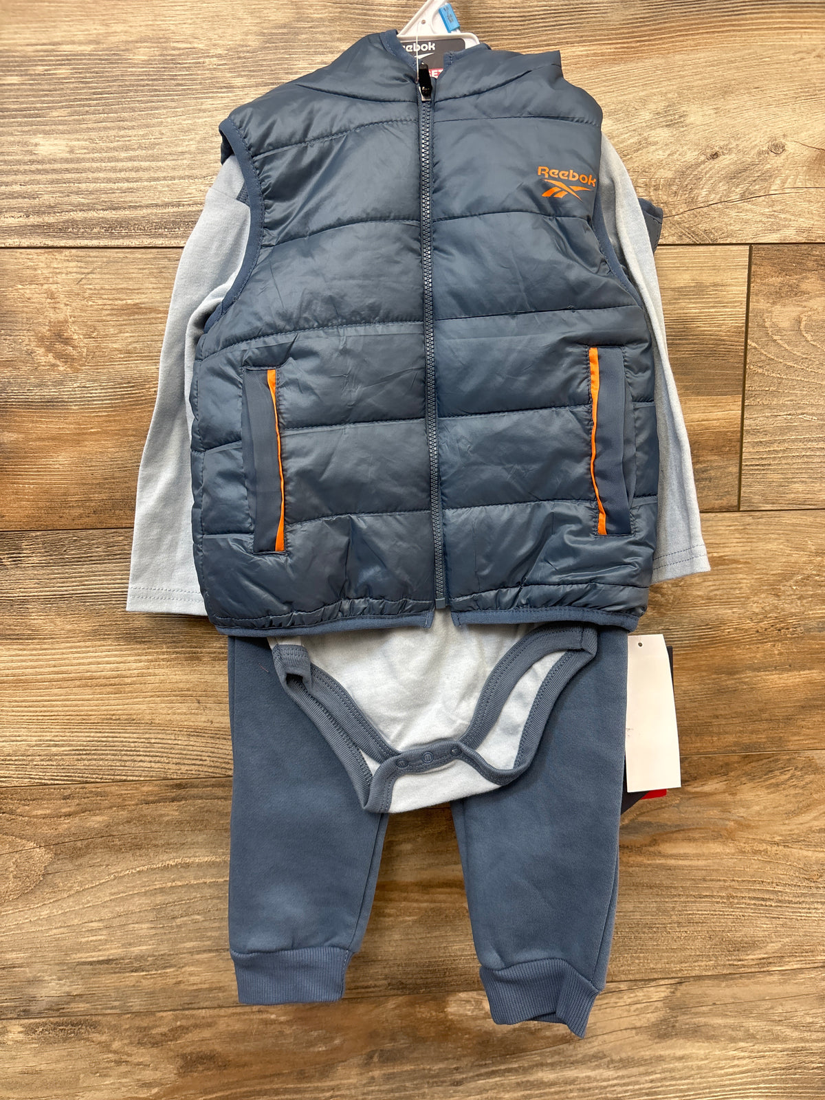 NEW Reebok 3pc Hooded Puffer Vest, Bodysuit, & Pants Set Blue sz 18/24m