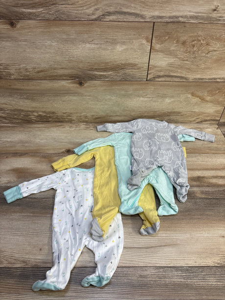 Overhead view of four Gerber Sleep N Play sleepers in preemie size, with white, yellow, mint striped, and gray elephant designs