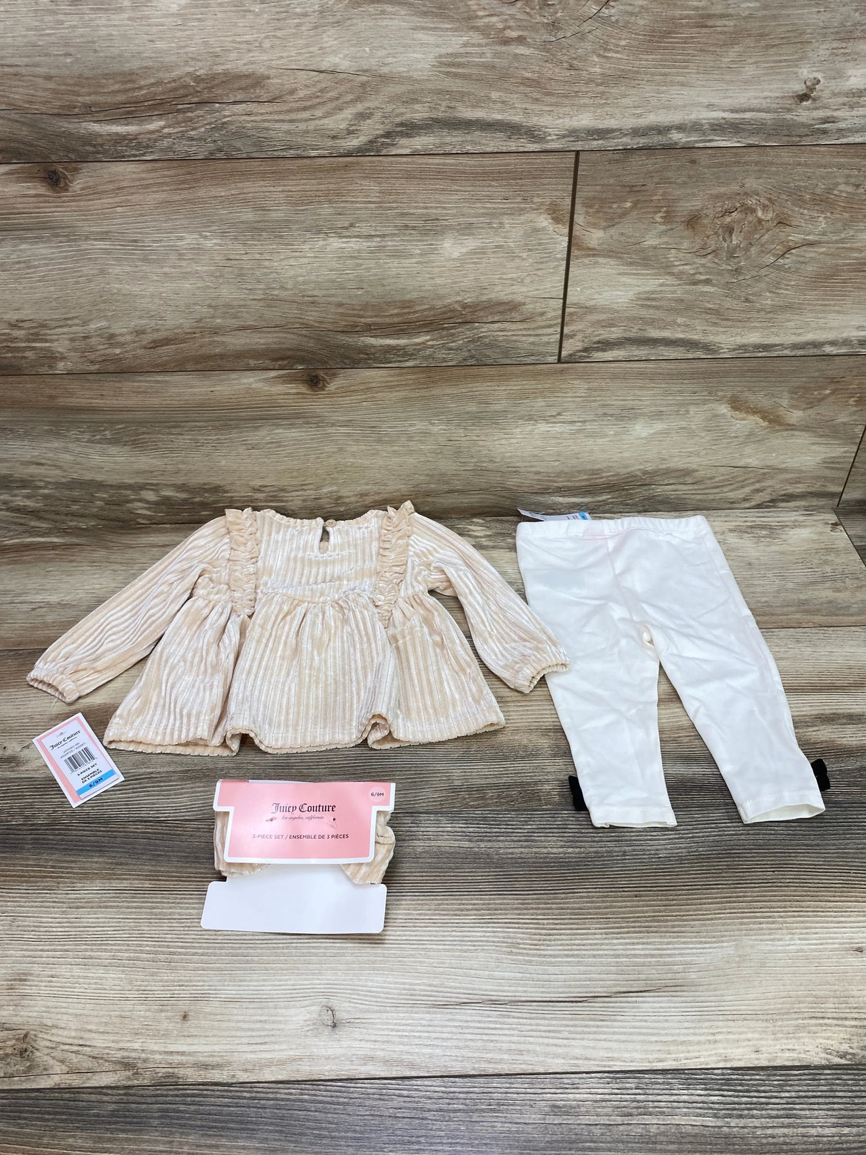 NEW Juicy Couture 3pc Ruffle Trim Velvet Top & Leggings Set Cream sz 6-9m