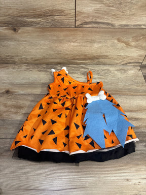 Flat lay of Bam Bam Flintstone dress, size 9-12m, orange triangle print with blue felt hair applique and white bone straps